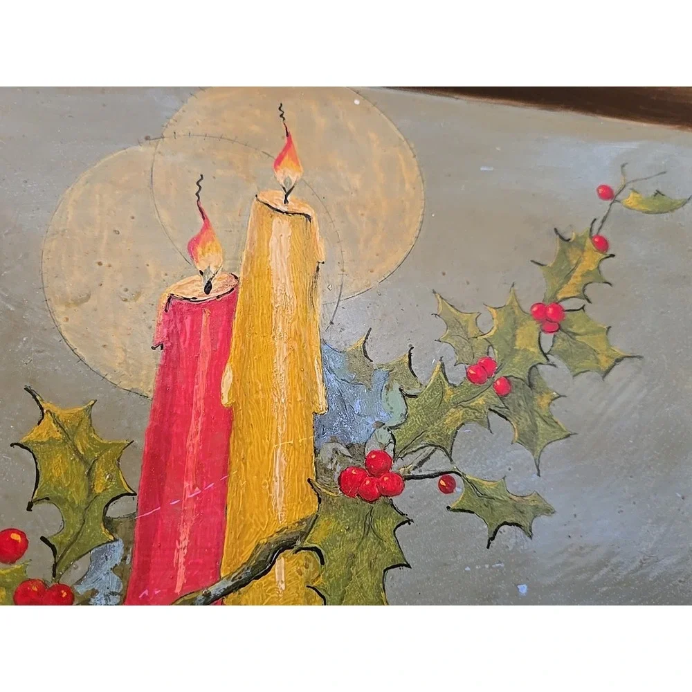 Vintage Gold Metal Handpainted Christmas Tray Lit‎ Candles And Berries 1960